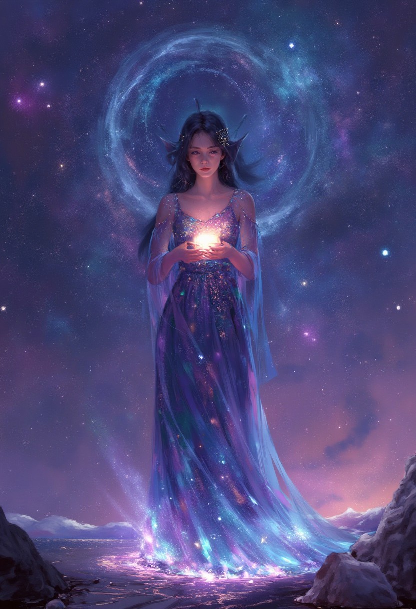 An Iridescent Goddess stands at the edge of a celestial realm, where the sky is a riot of swirling galaxies, nebulas, and shooting stars, bathed in intense colors of deep purples, pinks.jfif